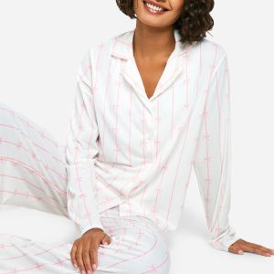 Tall Pinstripe Bow Print Long Sleeve Shirt & Trousers Pyjama Set