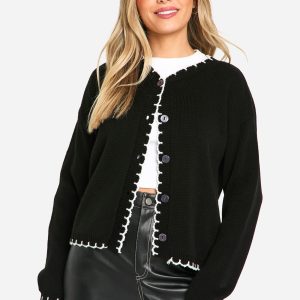 Blanket Stitch Knitted Crop Cardigan