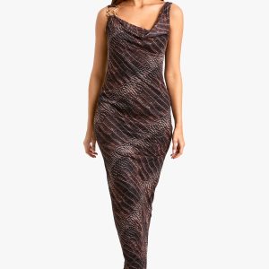 Croc Print Cowl Mesh Slip Dress