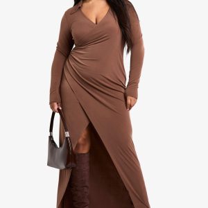 Plus Collared Wrap Ruched Waist Midaxi Dress