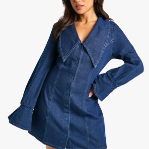 Petite Collar Detail Denim Shift Dress
