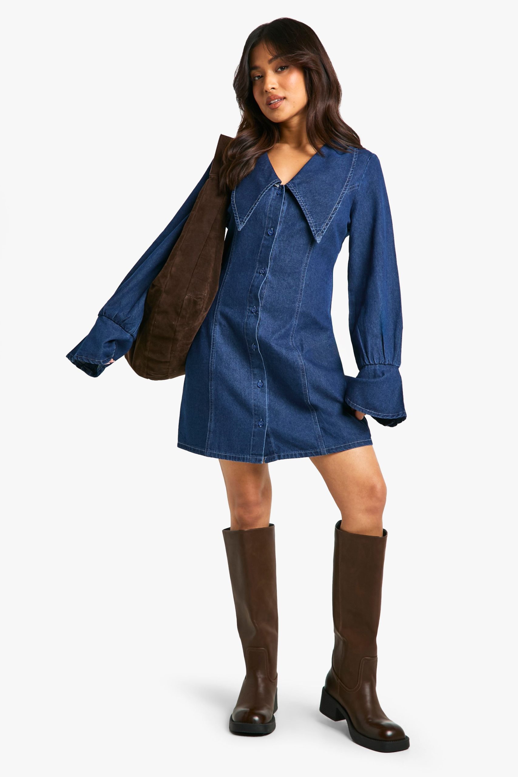 Petite Collar Detail Denim Shift Dress - Image 3