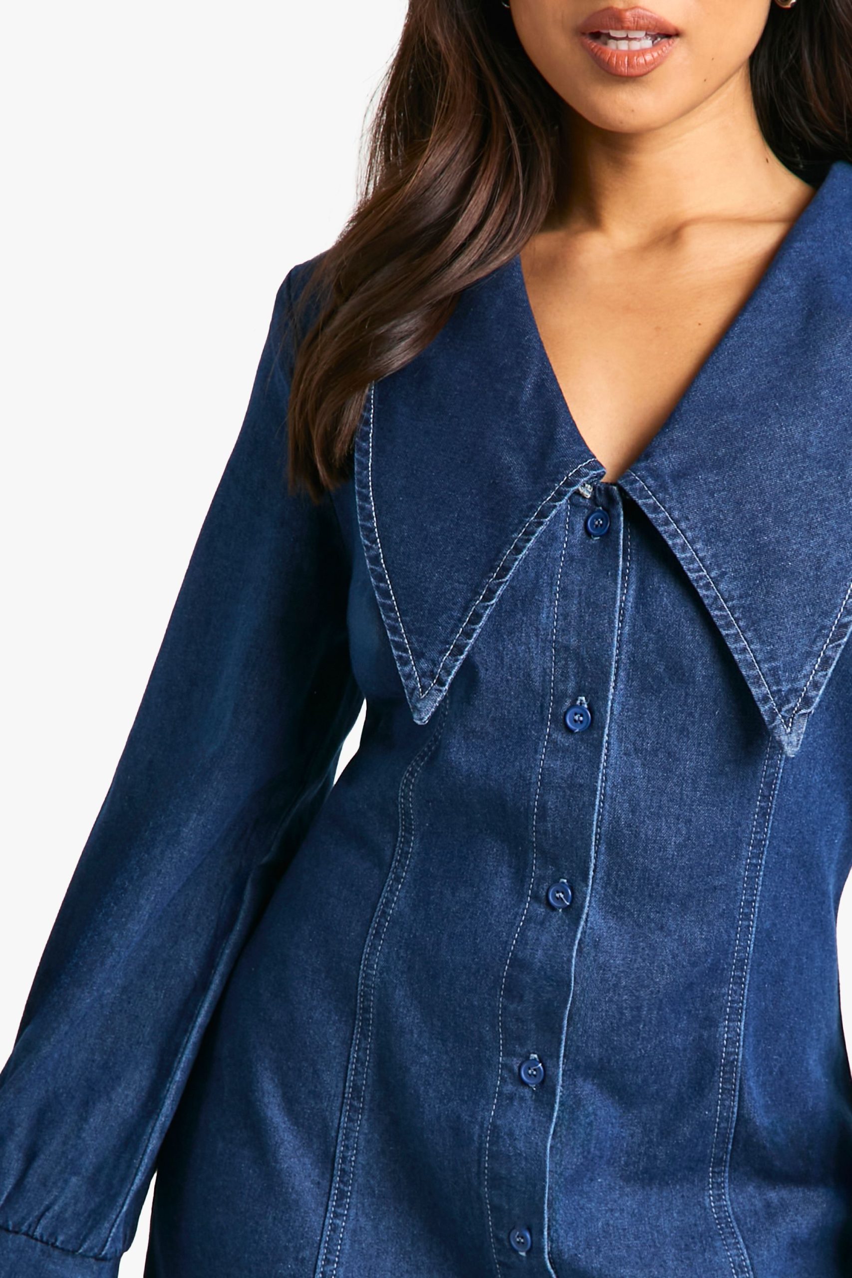 Petite Collar Detail Denim Shift Dress - Image 4
