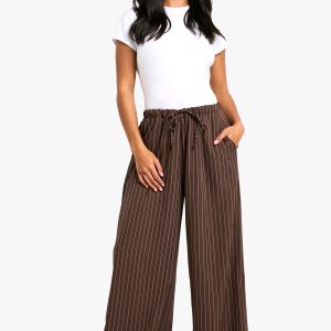 Petite Drawstring Stripe Wide Leg Trousers