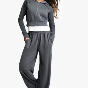 Waffle Insert Shrunken Zip Through Hoodie And Straight Leg Jogger Set