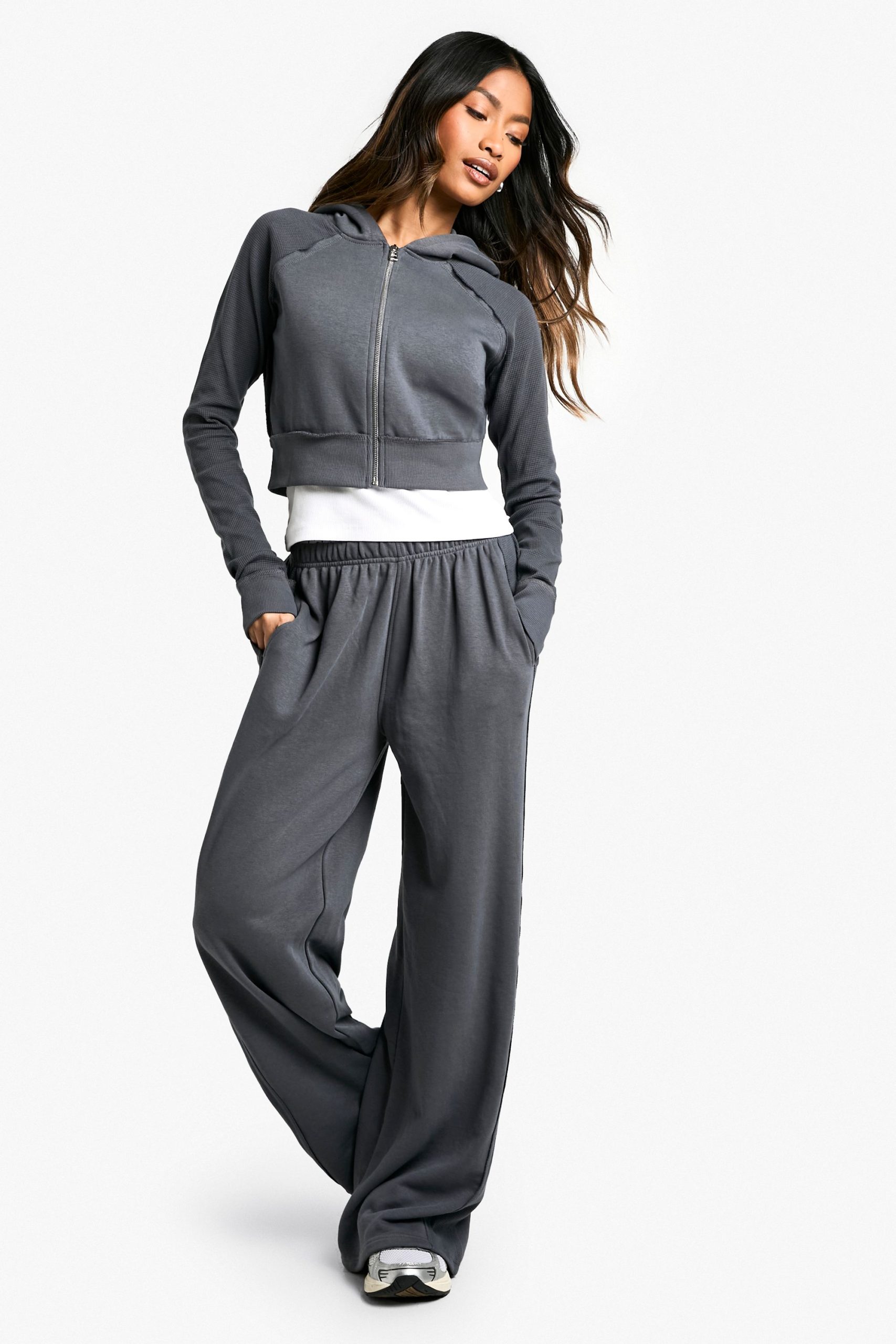 Waffle Insert Shrunken Zip Through Hoodie And Straight Leg Jogger Set