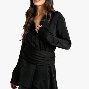 Satin Ruched Shirt Dress