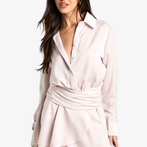 Satin Ruched Shirt Dress