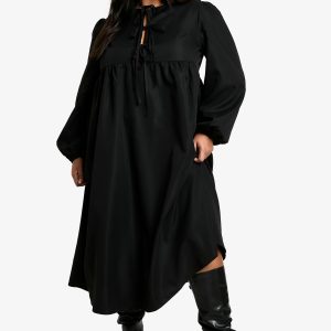 Plus Woven Tie Front Midi Smock Dress