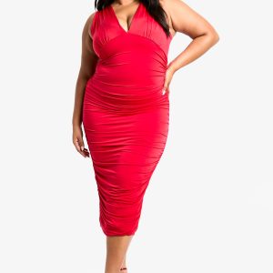 Plus Double Slinky Plunge Ruched Midi Dress