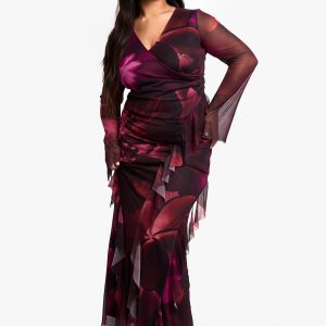Plus Mesh Printed Ruffle Wrap Maxi Dress