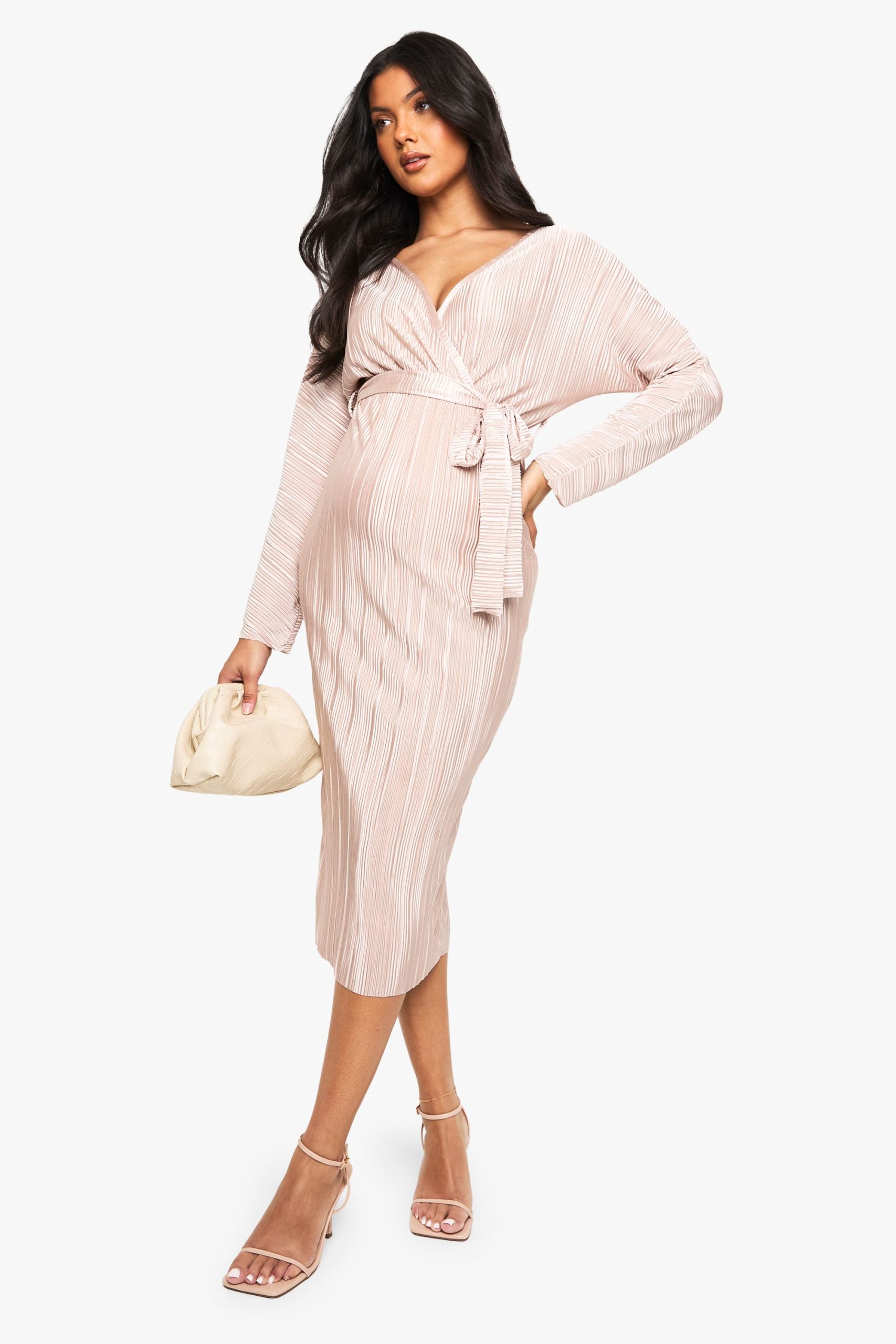 Maternity Plisse Belted Midi Dress