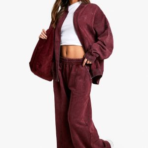 Petite Washed Zip Through Bomber Straight Leg Jogger Tracksuit