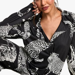 Leopard Print Long Sleeve Shirt & Trousers Pyjama Set