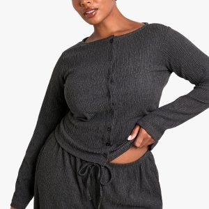 Plus Button Through Long Sleeve Textured Top