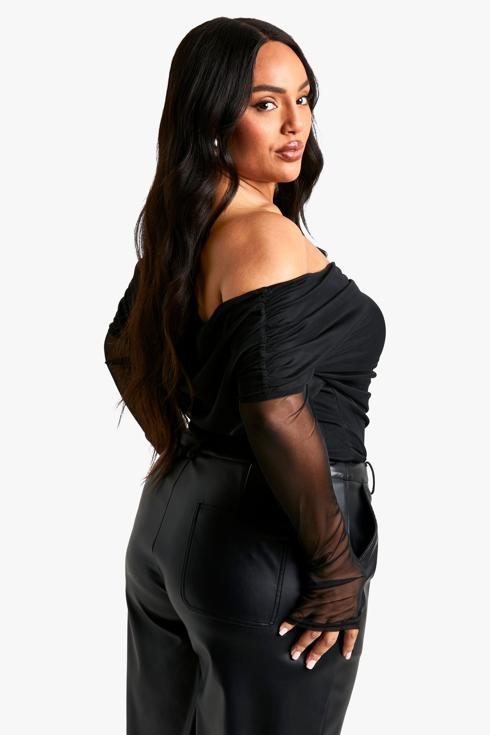 Plus Ruched Front Bardot Long Sleeve Top - Image 2