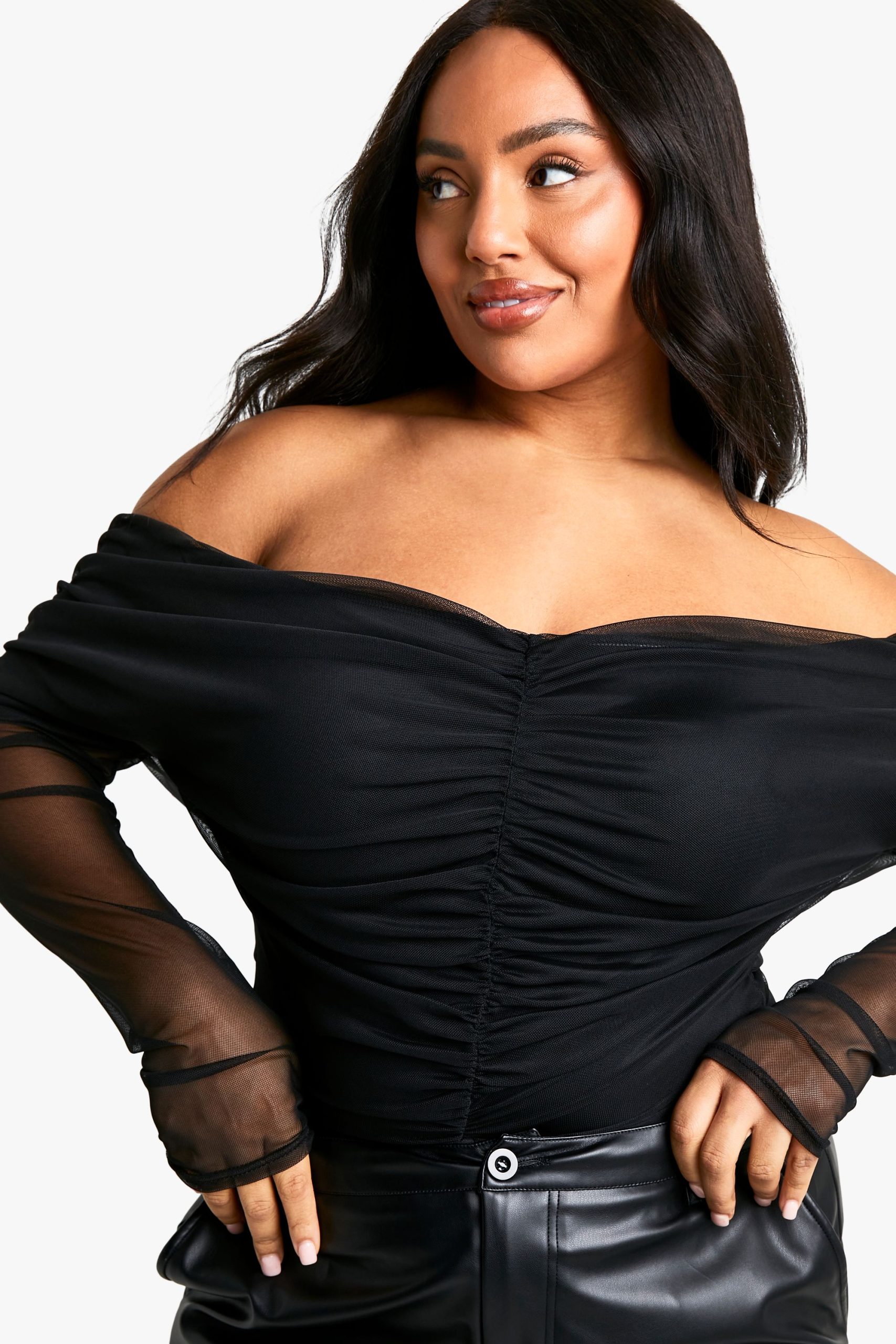 Plus Ruched Front Bardot Long Sleeve Top - Image 4