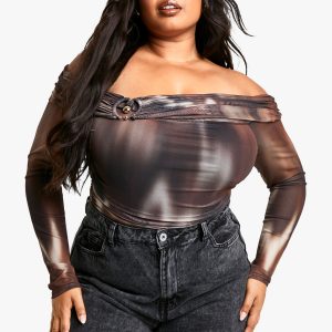 Plus Abstract Bardot Ring Detail Bodysuit