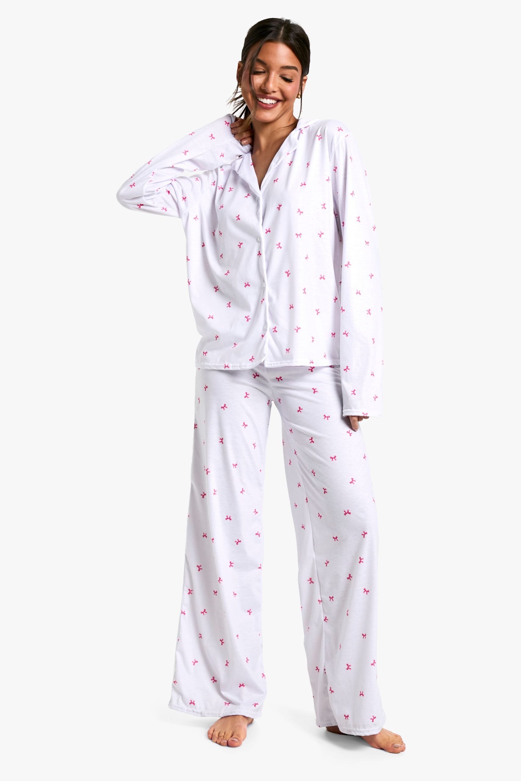 Bow Print Long Sleeve Shirt & Trousers Pyjama Set