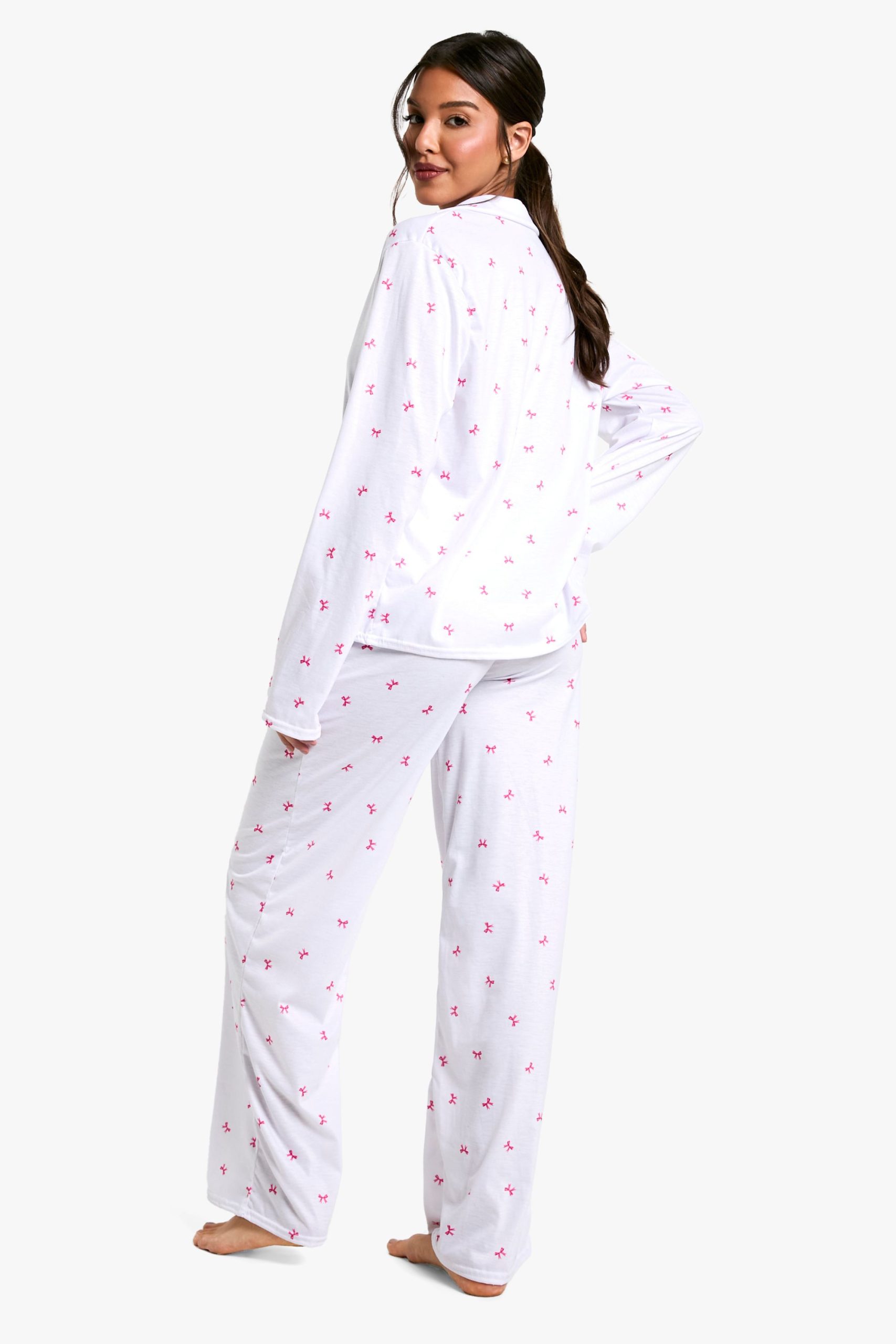 Bow Print Long Sleeve Shirt & Trousers Pyjama Set - Image 2