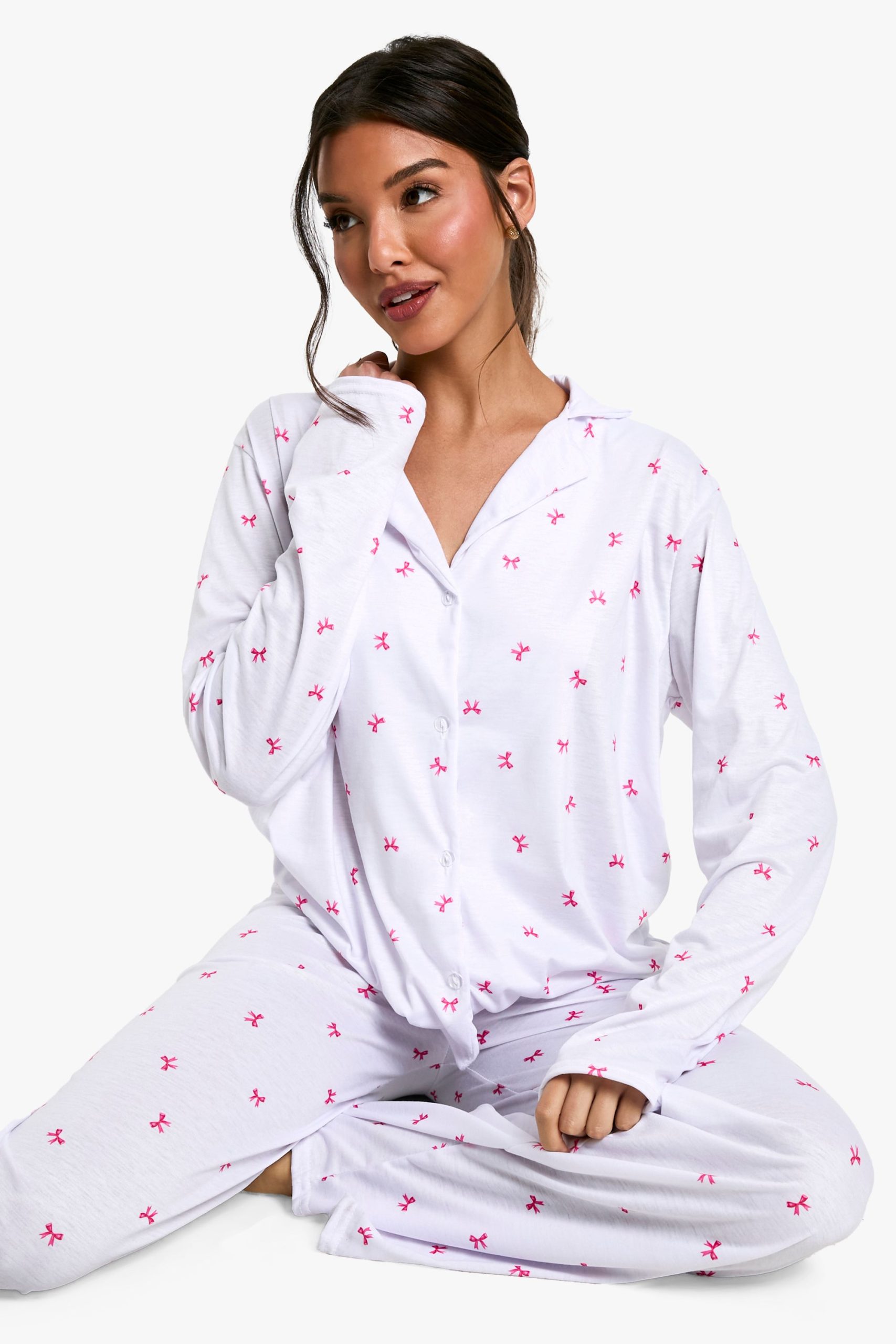 Bow Print Long Sleeve Shirt & Trousers Pyjama Set - Image 3