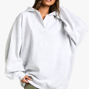 Notch Neck Balloon Sleeve Oversized Hoodie
