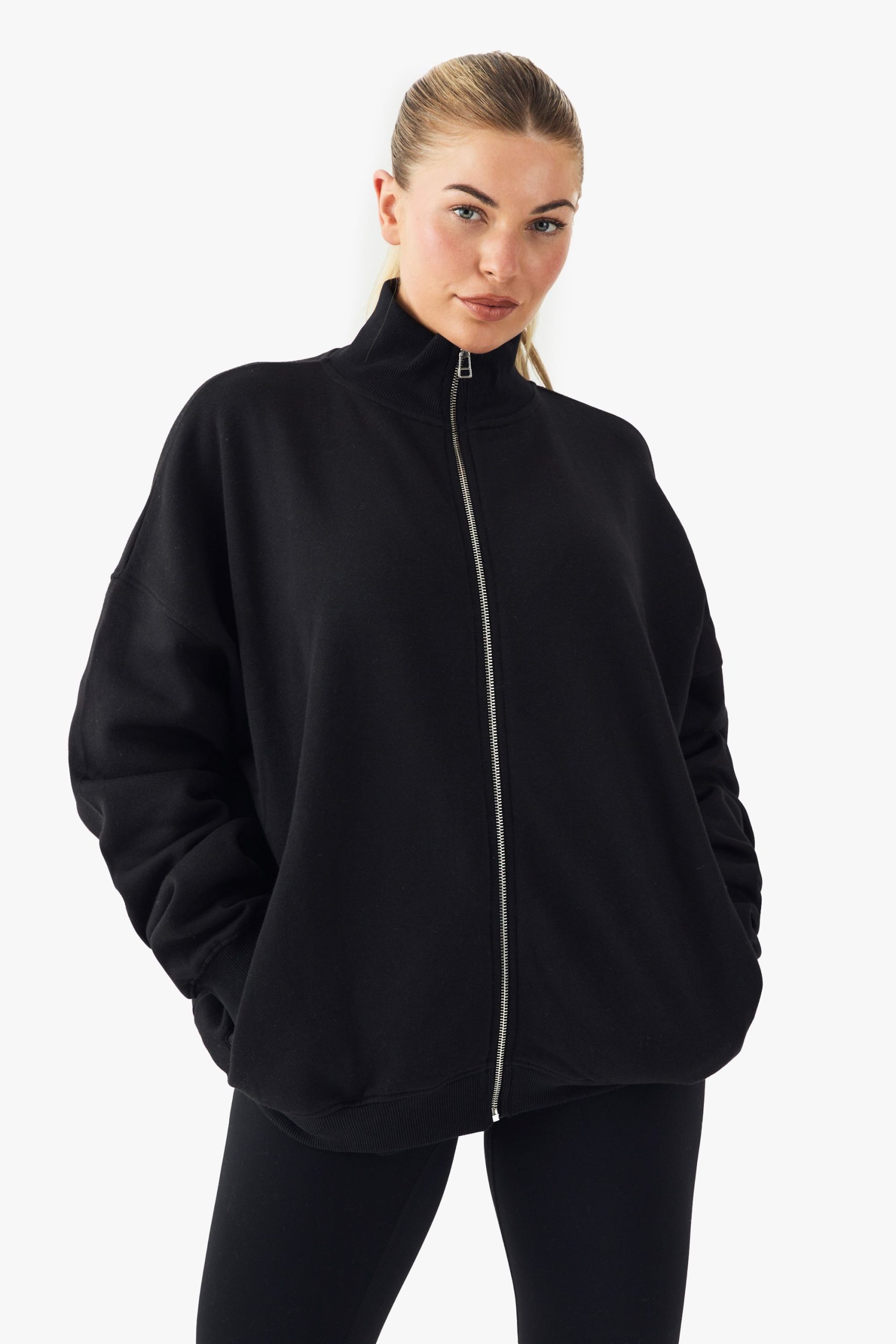 Funnel Neck Zip Through Oversized Bomber Sweatshirt