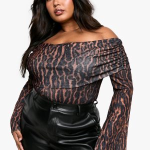 Plus Ruched Bardot Leopard Bodysuit