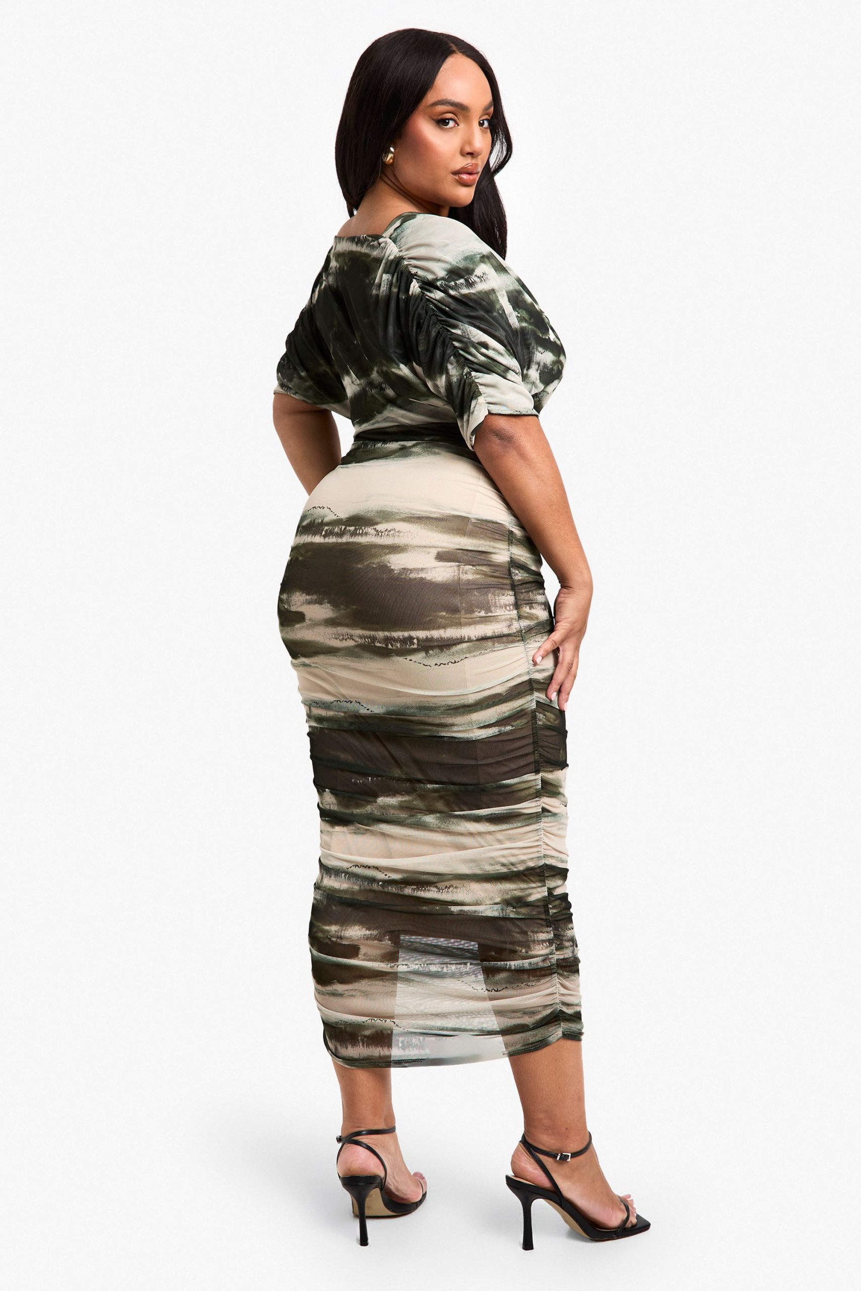 Plus Abstract Printed Cowl Neck Ruched Midi Dress - Image 2