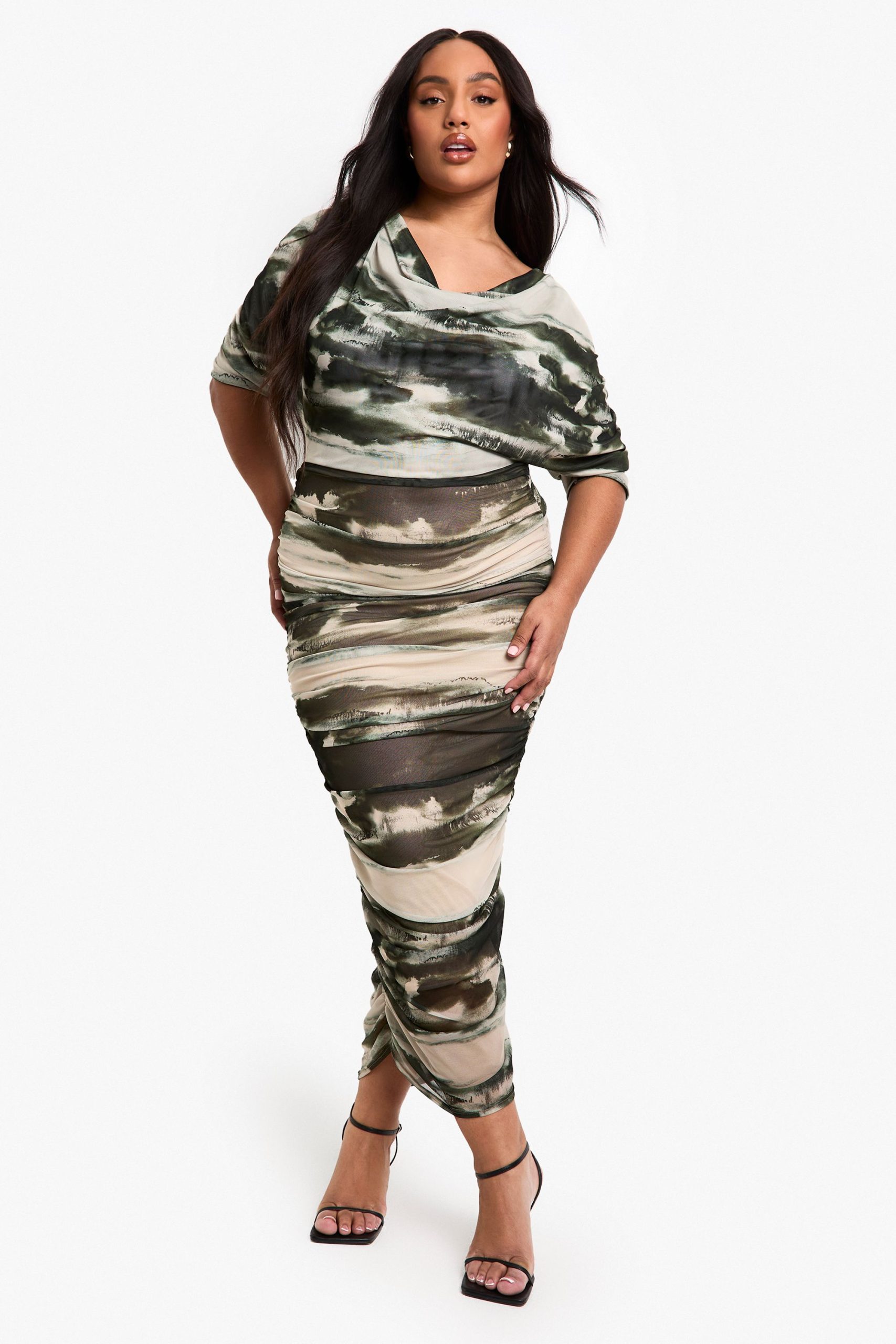 Plus Abstract Printed Cowl Neck Ruched Midi Dress - Image 3