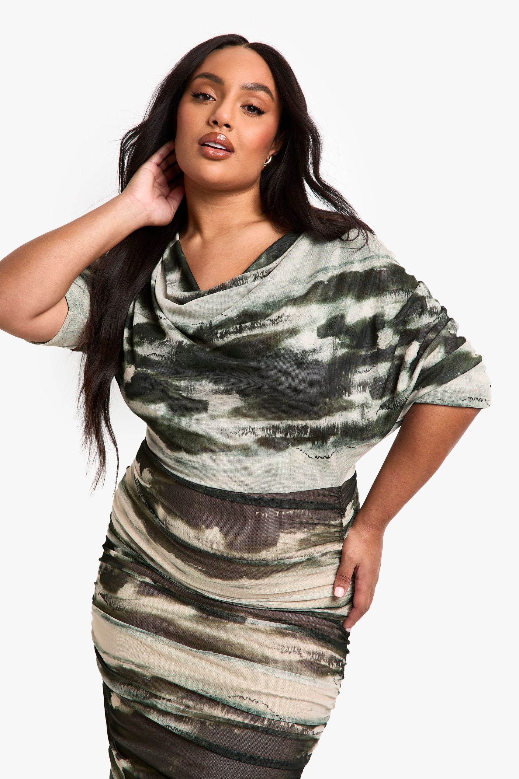 Plus Abstract Printed Cowl Neck Ruched Midi Dress - Image 4