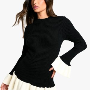 Petite Contrast Flare Sleeve Knitted Skater Dress
