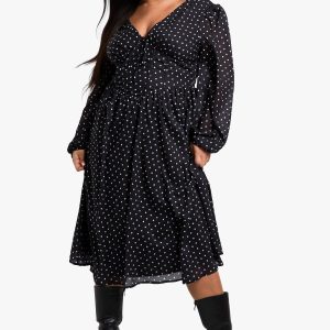Plus Woven polka dot Milkmaid Midi Skater Dress