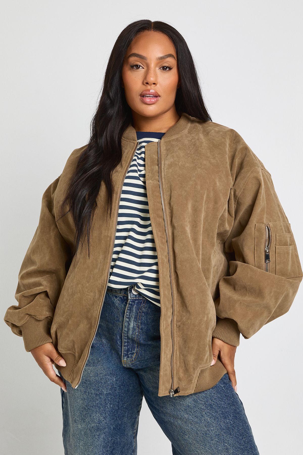 Plus Vintage Suede Look Oversized Bomber Jacket