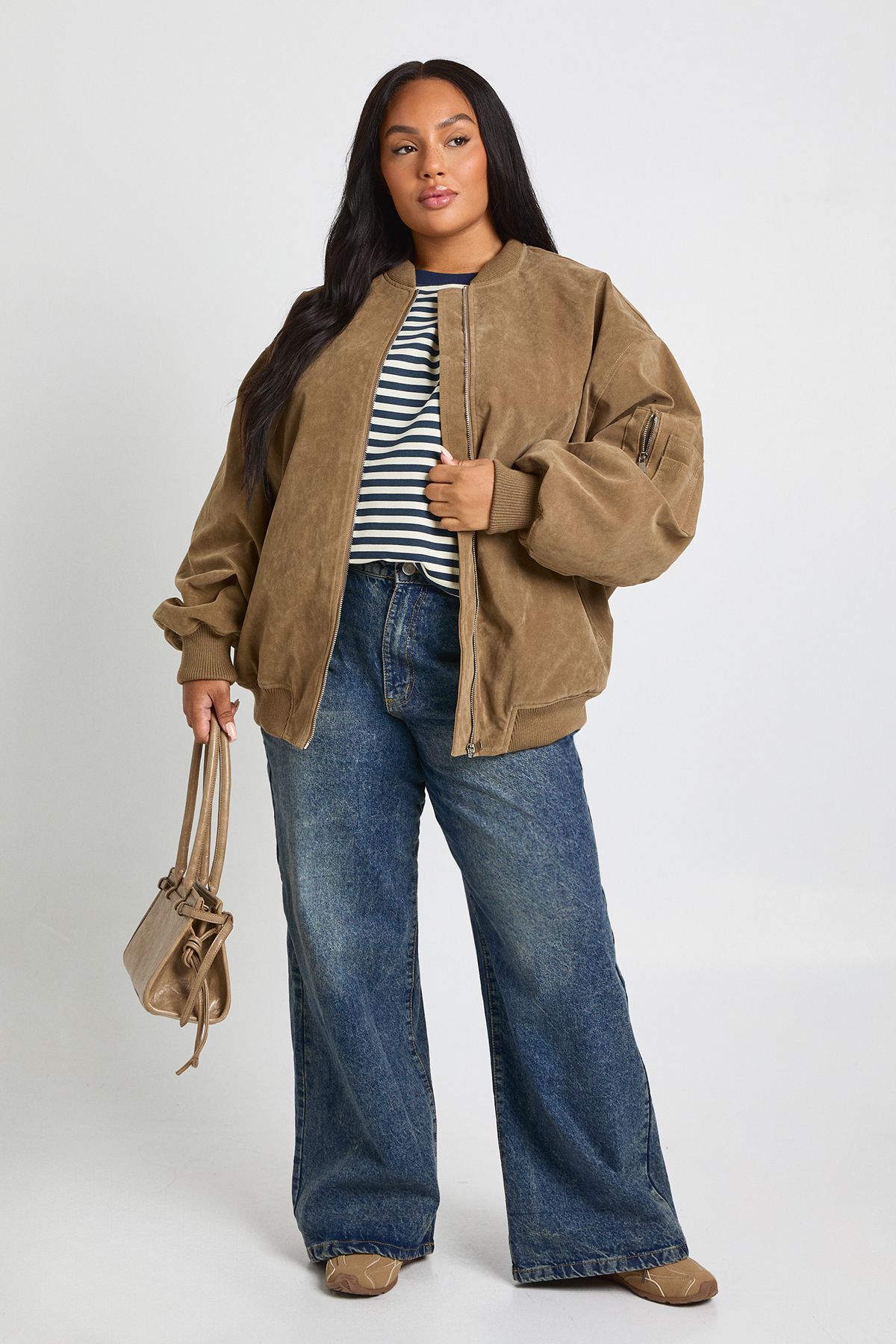 Plus Vintage Suede Look Oversized Bomber Jacket - Image 2