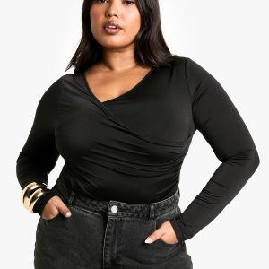 Plus Double Layer Ruched V Neck Bodysuit