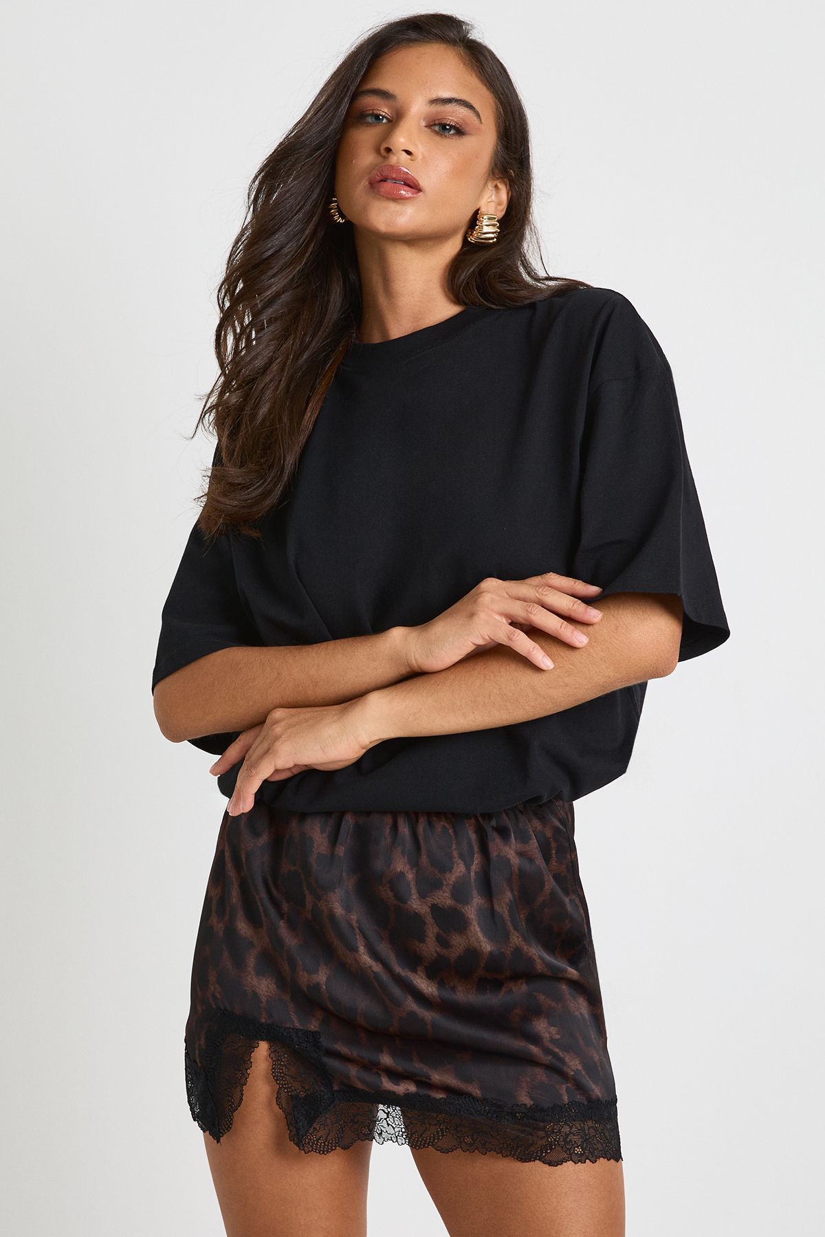 Leopard Satin Lace Trim Mini Skirt
