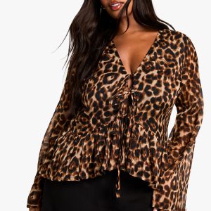 Plus Leopard Tie Front Ruffle Blouse