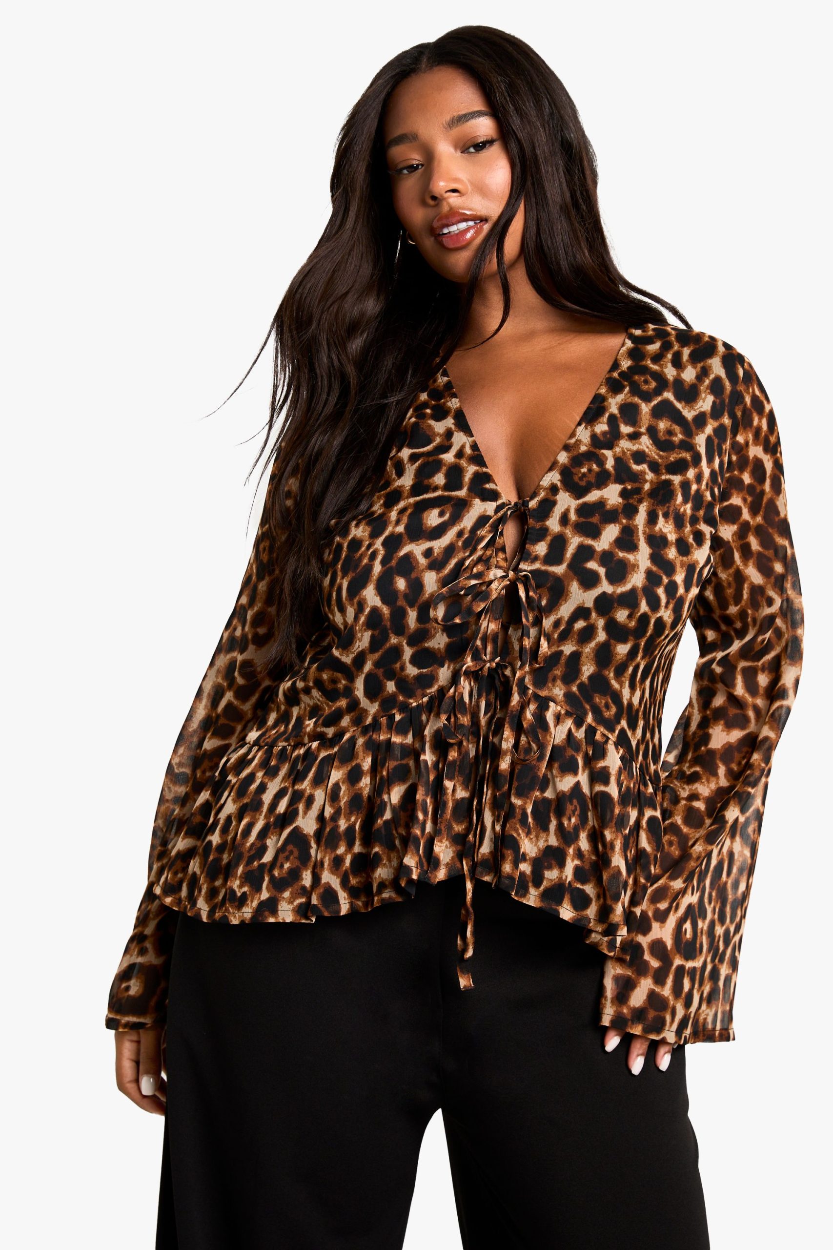 Plus Leopard Tie Front Ruffle Blouse