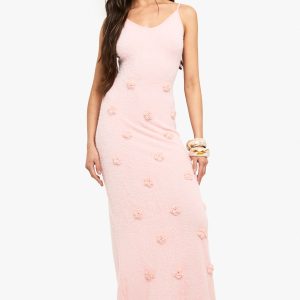 Knitted Flower Detail Crochet Maxi Dress