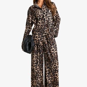 Relaxed Woven Leopard Shirt & Drawstring Wide Leg Trouser Co-ord