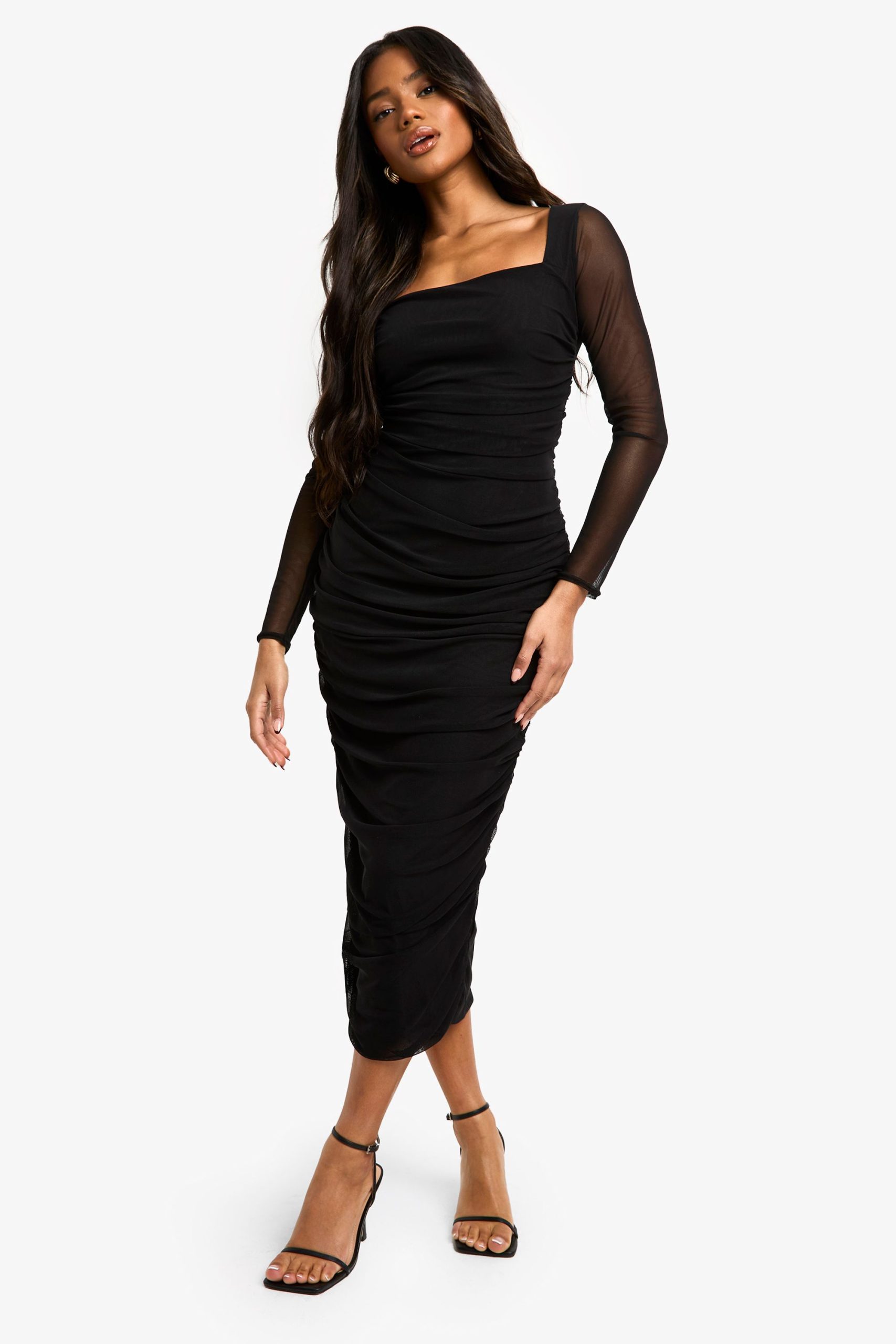 Square Neck Ruched Mesh Midaxi Dress - Image 3