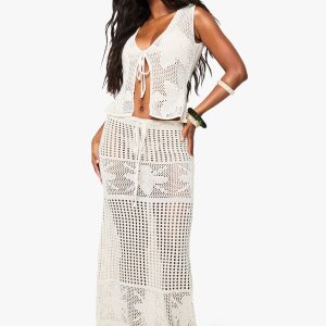 Crochet Flower Detail Maxi Skirt