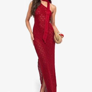 Crochet Knitted Asymmetric Shoulder Dress and Neck Tie