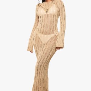 Scoop Back Long Sleeve Crochet Beach Dress