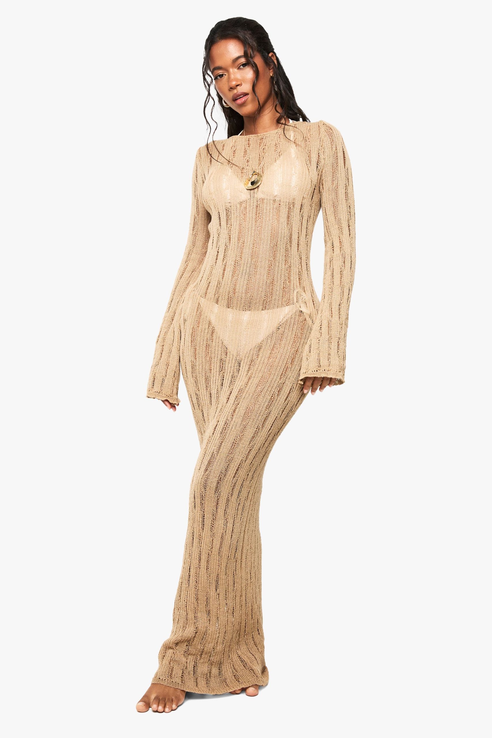 Scoop Back Long Sleeve Crochet Beach Dress
