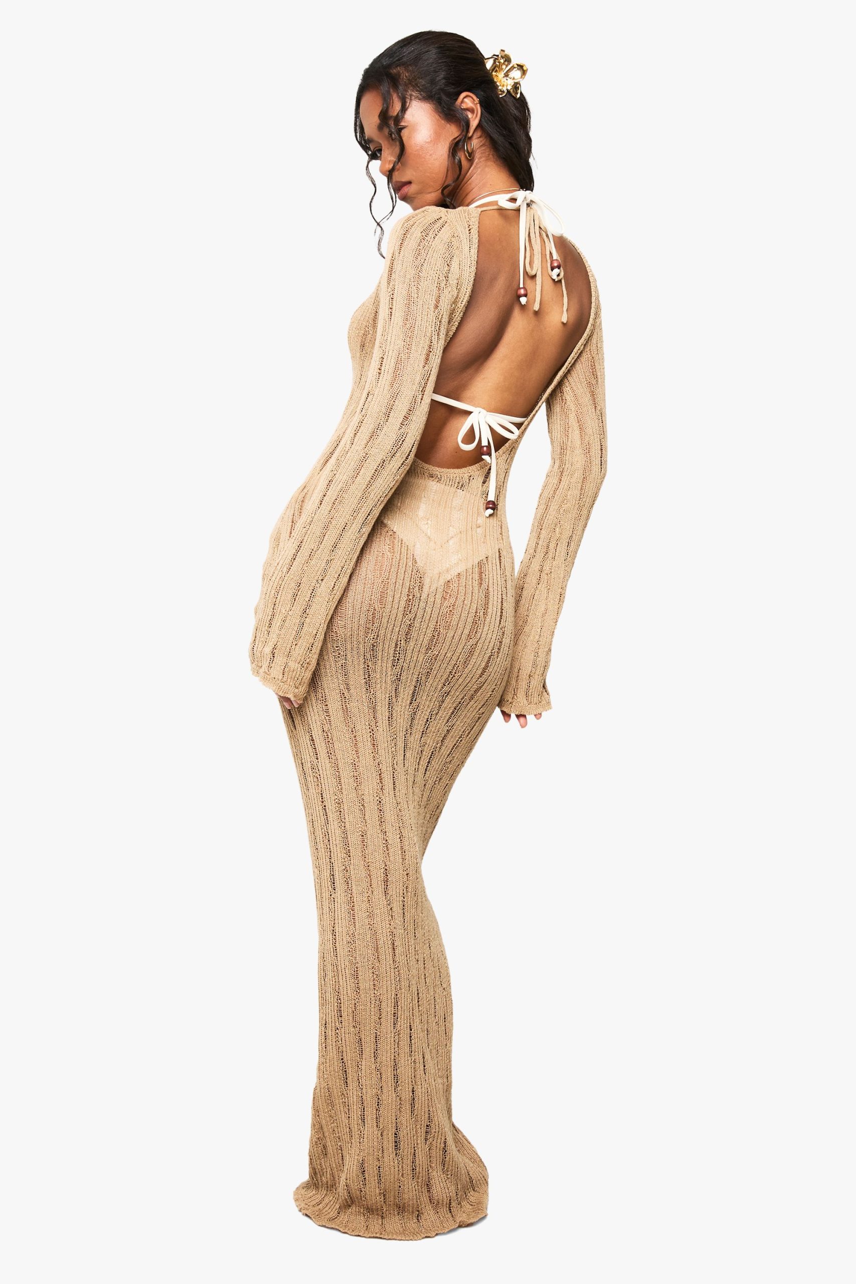 Scoop Back Long Sleeve Crochet Beach Dress - Image 2