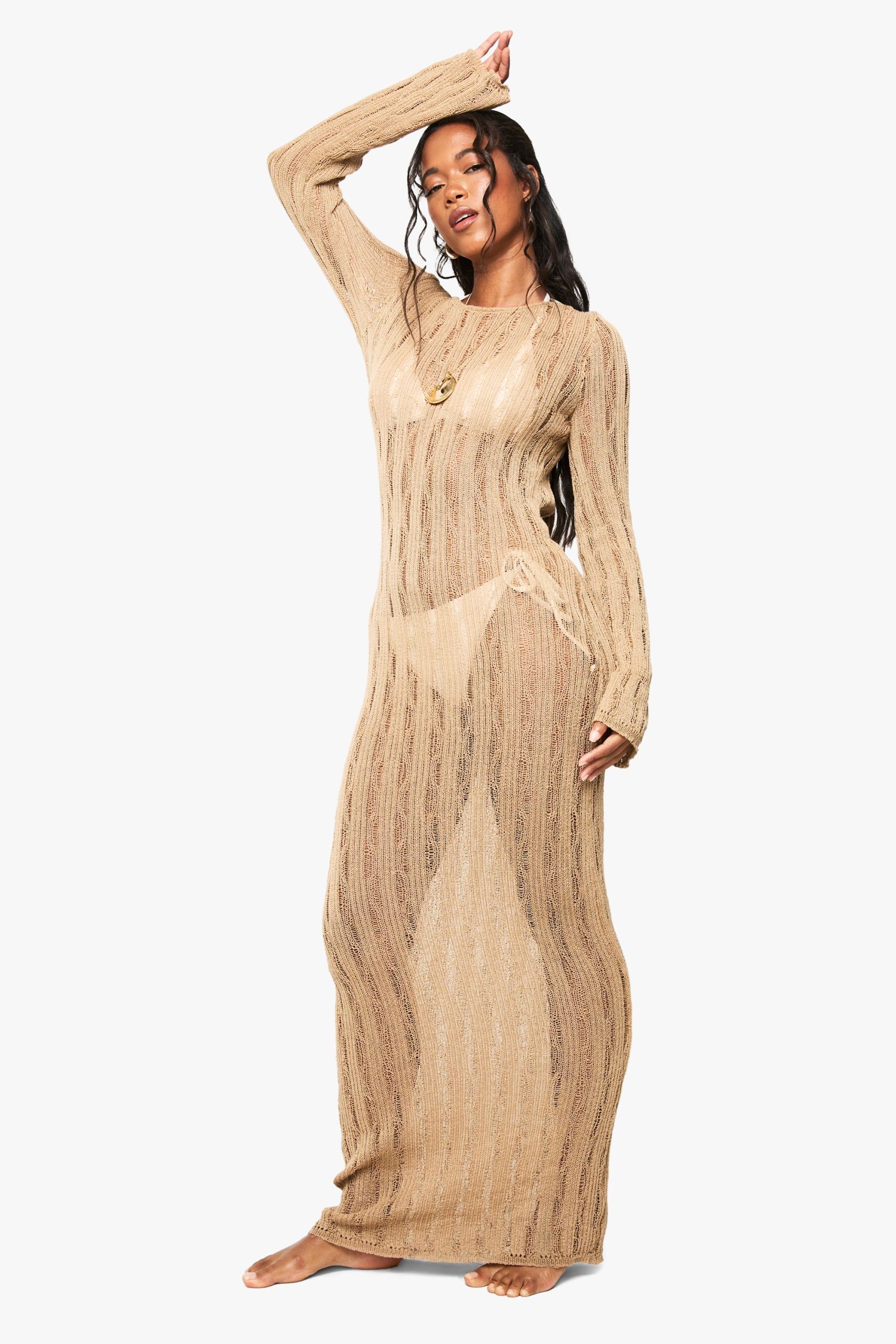 Scoop Back Long Sleeve Crochet Beach Dress - Image 3