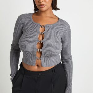 Plus Hook Detail Rib Cardigan