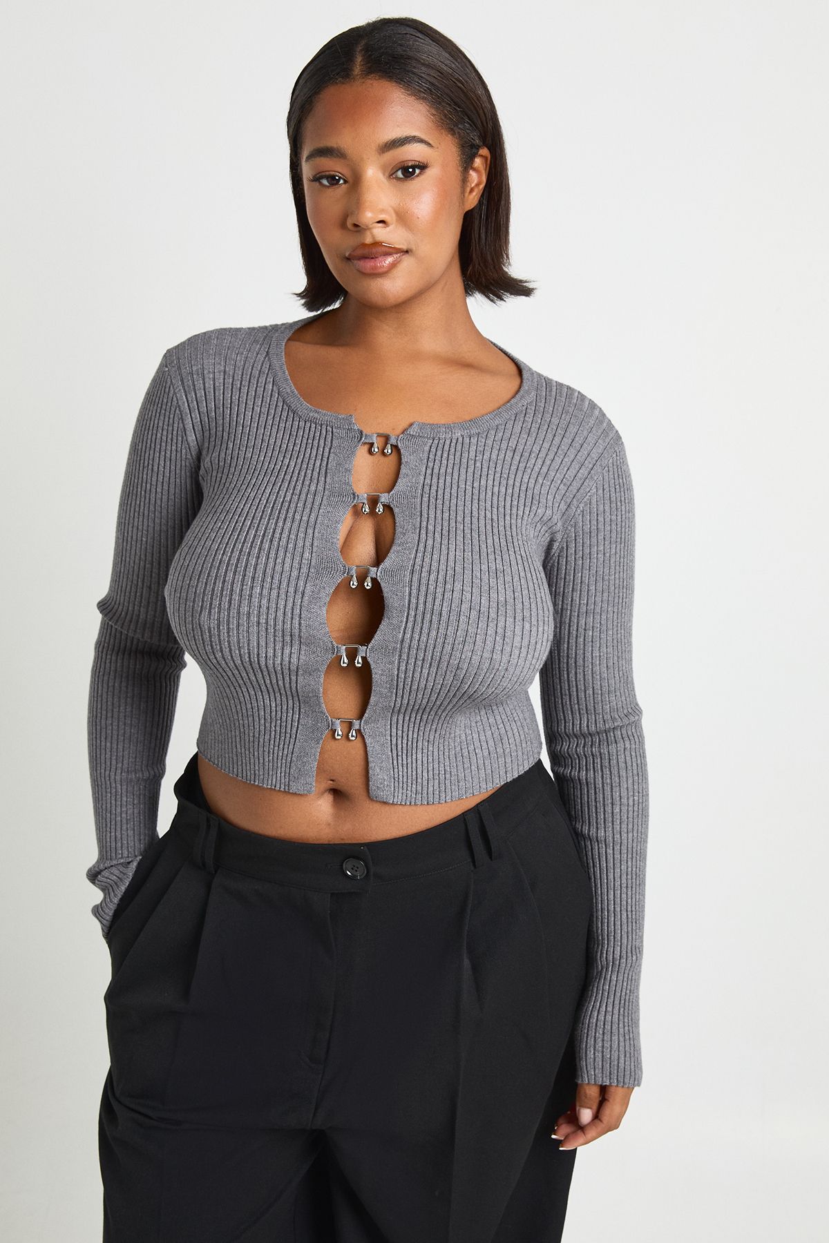 Plus Hook Detail Rib Cardigan